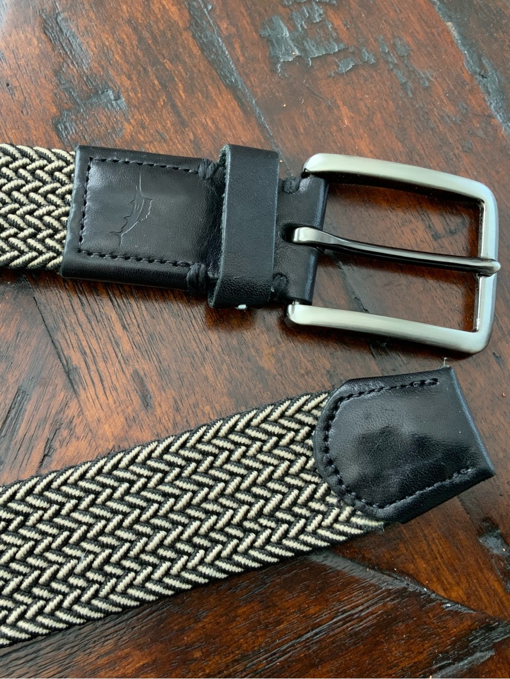 Tommy Bahama Black and Cream Woven Stretch Belt with Silver Buckle